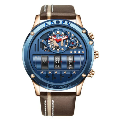 Stylish Quartz Men's Watch with Unique Rotating Date and Leather Strap - Military-Inspired Casual Timepiece