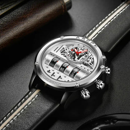 Stylish Quartz Men's Watch with Unique Rotating Date and Leather Strap - Military-Inspired Casual Timepiece